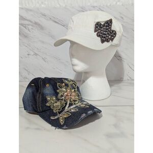 Unbranded Women's Bedazzled Denim Ball Cap & White Beaded Painter Cap